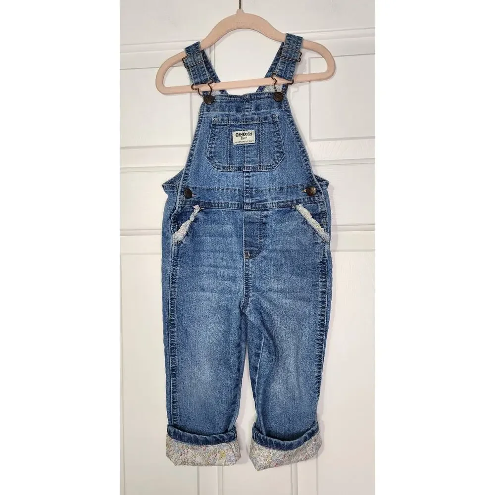 Oshkosh B'Gosh Vestbak Denim Overalls Girls 2T Floral Trim Cuffs Pockets